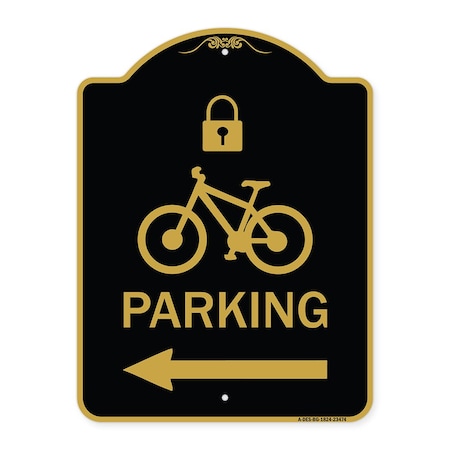 Signmission Parking W/ Lock Cycle & Left Arrow, Black & Gold Aluminum Sign, 18" x 24", BG-1824-23474 A-DES-BG-1824-23474